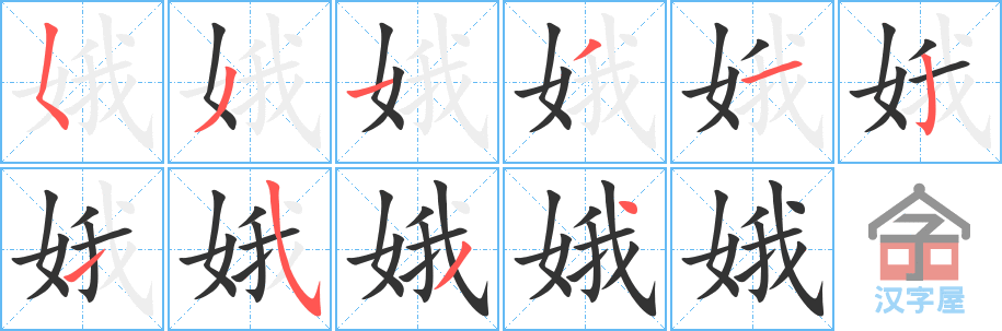 娥的笔顺分步书写